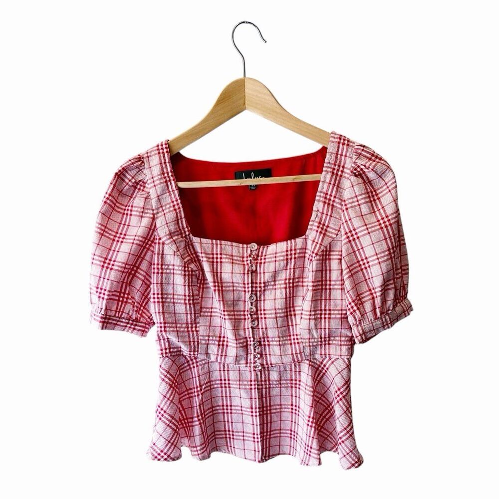 Lulus Red Plaid Peplum Top XS Cottagecore Puff Sleeve Milkmaid Coquette Blouse - Picture 2 of 11